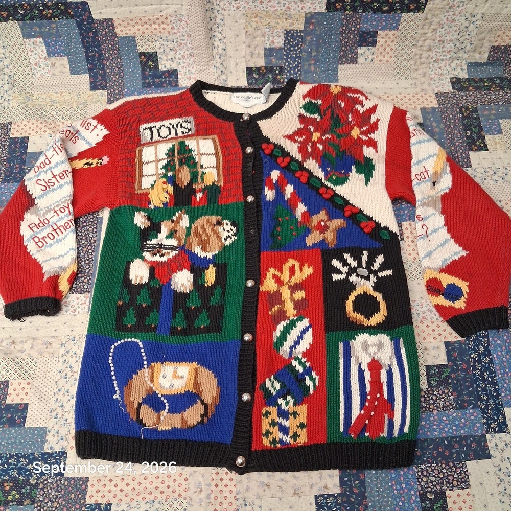 * 90s Vintage The Eagles Eye Holiday Shopping Hand Knit Cardigan Sweater Large L